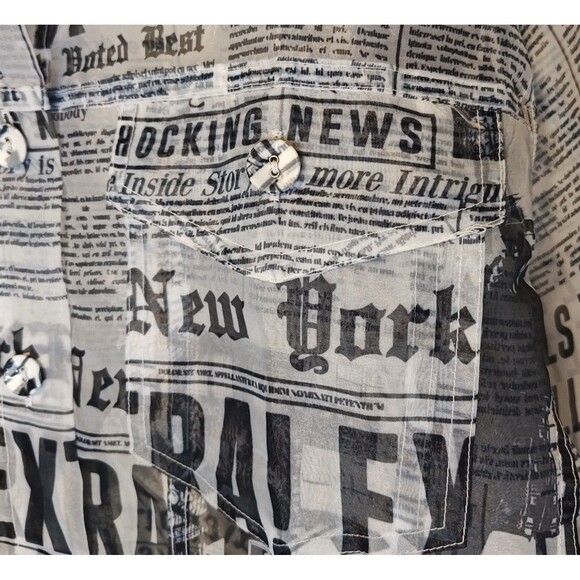 Forever 21 Shirt Womens Medium Black White Newsprint Button Up Sheer Blouse Top - Picture 7 of 12